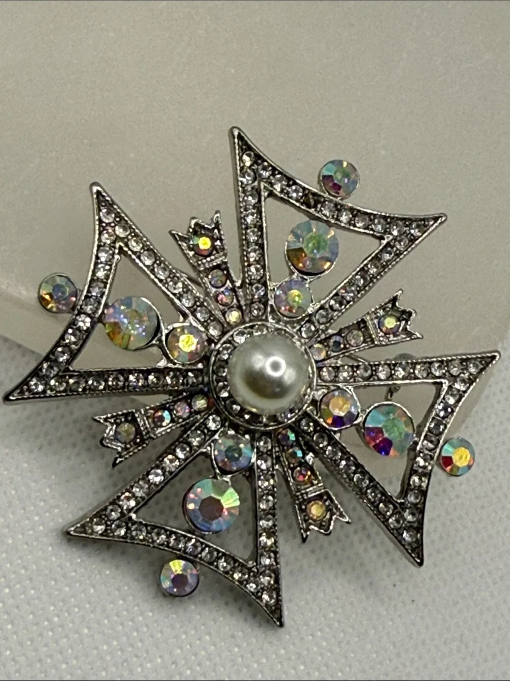 High end Vintage Aurora Borealis pave rhinestone  Cross Brooch faux Pearl Center